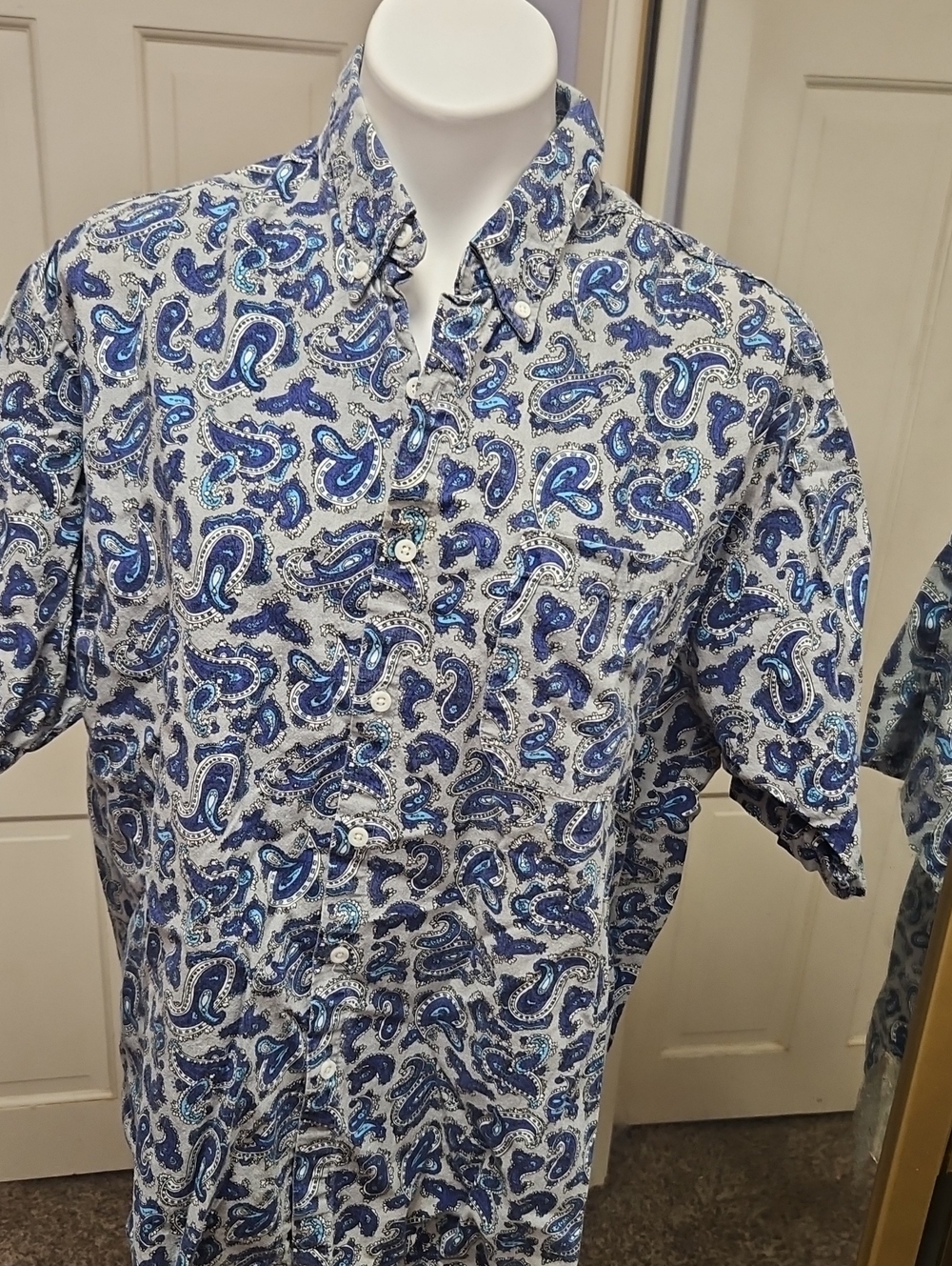90s Men's Vintage Cotton  Blue Paisley Button-Up Shirt